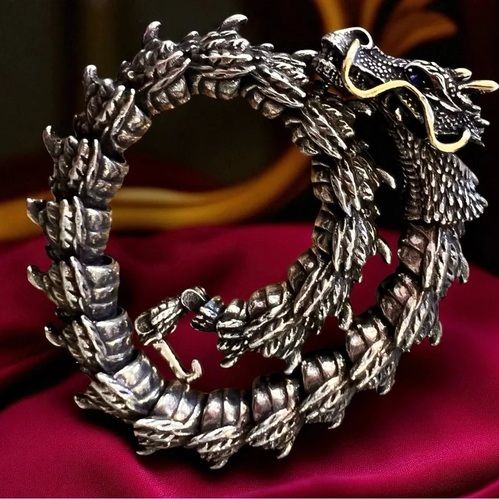 Bold Silver and Brass Toned Ouroboros Blue Eyed Dragon Bracelet 8.5”